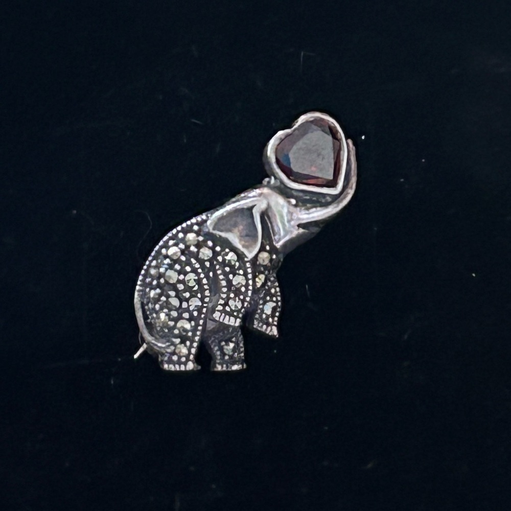 Vintage Sterling Silver Garnet & Marcasites Elephant Brooch